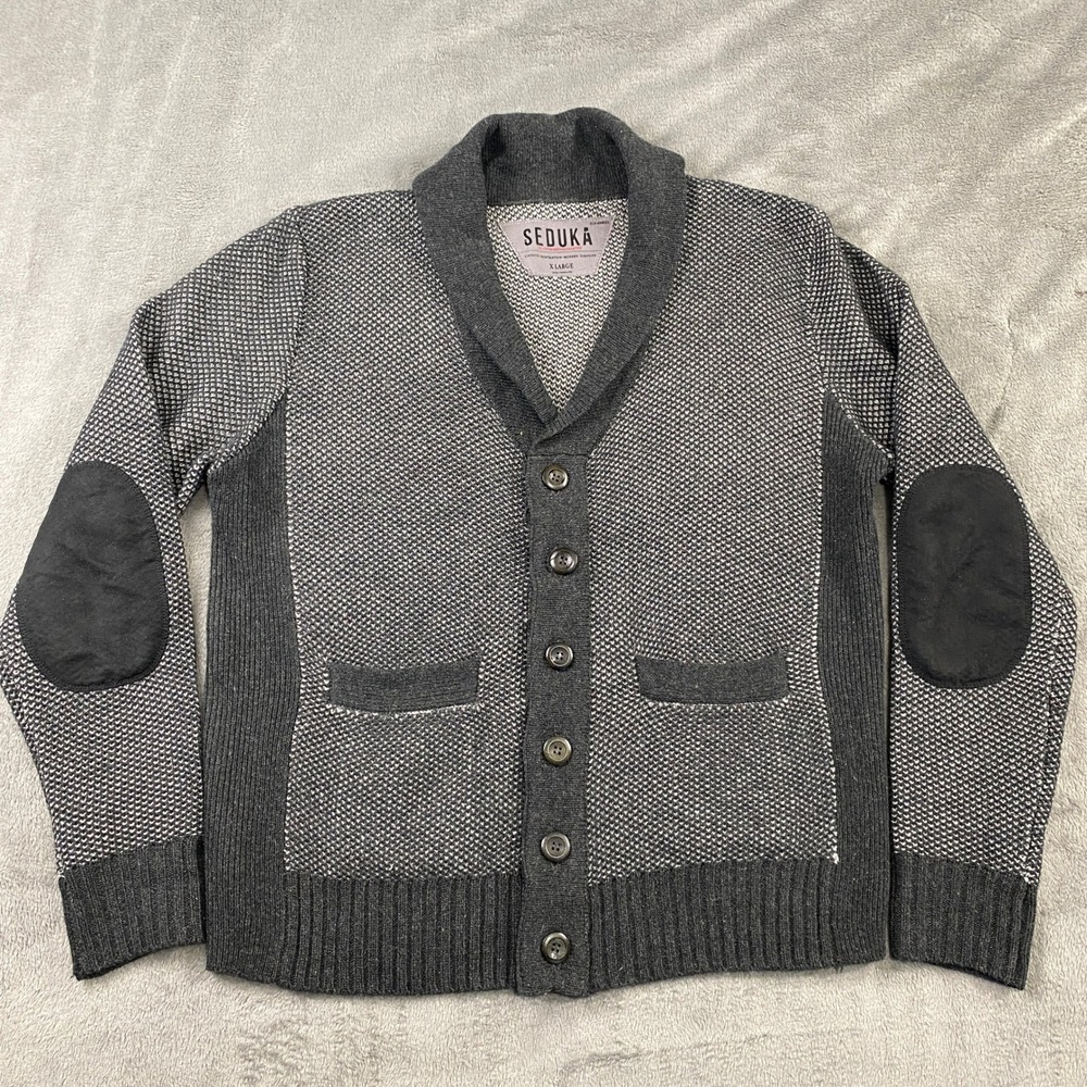 Seduka Sweater Mens XL Lambs wool Blend Shawl Collar Cardigan Elbow Patches Grey